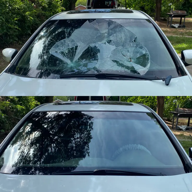 White SUV windshield shattered along the top edge, above, and the new windshield fitted, below