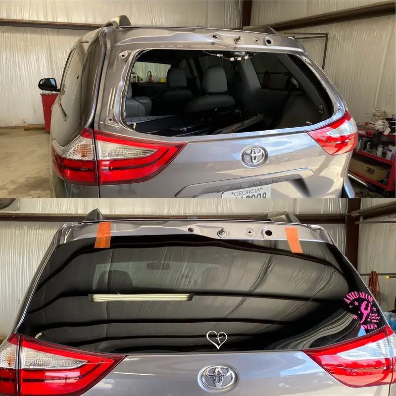 Toyota Sienna liftgate with the glass removed, above, and new tinted glass fitted with orange tape, below